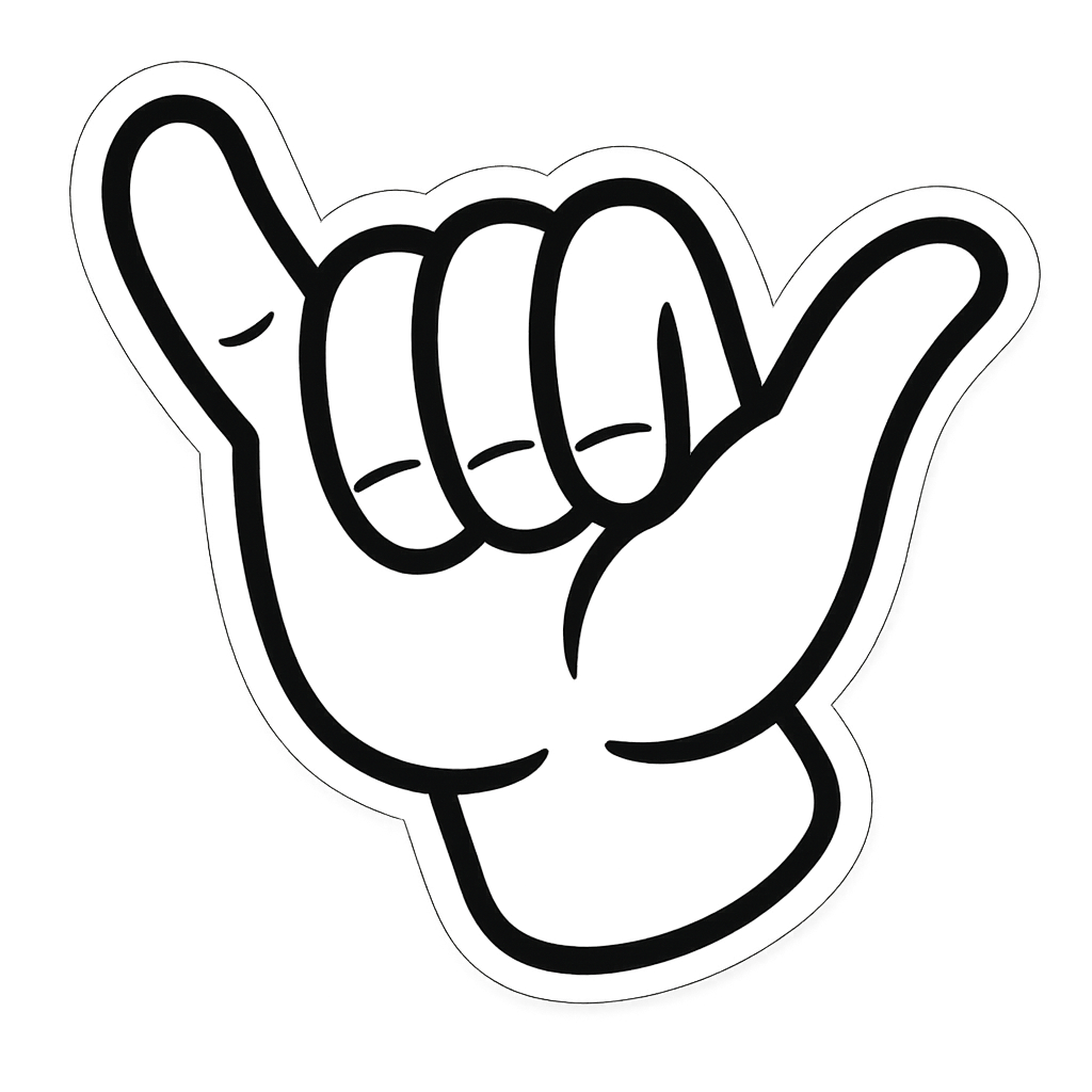 Carmikaze™ Shaka sticker, white outline with black fill, die-cut vinyl on neutral background