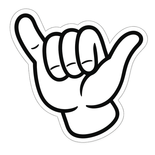 Carmikaze™ Shaka sticker, white outline with black fill, die-cut vinyl on neutral background
